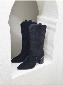 Resim 25k131-1 Taşlı 7cm Topuklu Western Çizme Kadın 001 