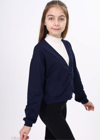Resim Toontoy Lacivert Kız Çocuk V Yaka Düğmeli Düşük Omuz Örme Okul Hırkası - 2 İplik 