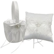 Resim Skycity Beyaz Saten İçerikli Nikah Çiçek Sepeti Ve Yüzük Yastığı - Pırlanta Ve Dokuma Detaylı Pmtz-075 