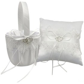 Resim Skycity Beyaz Saten İçerikli Nikah Çiçek Sepeti Ve Yüzük Yastığı - Pırlanta Ve Dokuma Detaylı Pmtz-075 