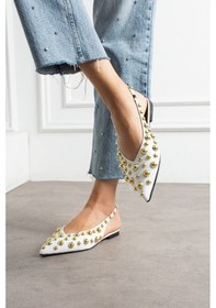 Resim Aurora Kadın Gold Detaylı Sivri Burun Arkası Açık Babet Beyaz 