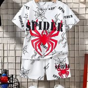 Resim Çocuklar için 2 Parça Örümcek Desenli Tişört ve Şort Seti, Mürettebat Yaka, Kısa Kollu, Normal Beden, Polyester %95, Spandex %5, Yaz Partisi Casual Kıyafet, Erkek Çocuklar için, Outdoor 