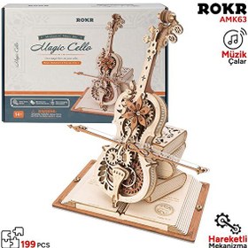 Resim Rokr AMK63 Çello Müzik Kutusu Magic Cello Music Box DIY Mechanical 3D Wooden Puzzle Maket Model Seti Detaylı Dekoratif Hobi Kiti 