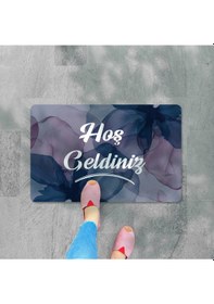 Resim Dijital Baskılı 3d Kapı Önü Paspas Hoşgeldiniz Yazılı Çiçek Desenıç Ve Dış Kapı Paspası Yıkanabilir Lacivert 