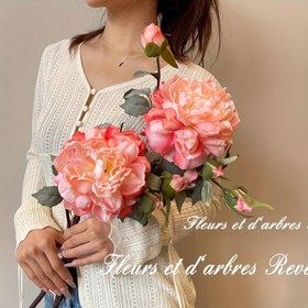 Resim 2 Adet Büyük Yapay Şakayık Buketi - Gerçekçi Pembe ve Şeftali Renkli Suni Çiçekler, Ev Dekoru, Düğünler, Şükran Günü, Anneler Günü, Sevgililer Günü, Masa Süsü, Fotoğrafçılık Aksesuarı, Bakım Gerektirmez 