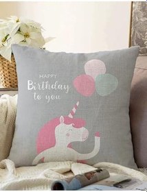 Resim RealHomes Çift Taraflı Gri Zeminde Unicorn At Tasarımlı Bebek Odası Raşel Örme Yastık Kırlent Kılıfı, Sonil-K4553-43x43cm 