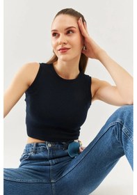 Resim Kadın Sıfır Kol Bisiklet Yaka Vücuda Oturan %100 Pamuklu Kaşkorse Esnek Crop Bluz Lacivert 