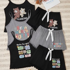 Resim 3 Parça Yazlık Kadın Sevimli Ayı Harfli Askılı Şort ve Rahat Ev Pijama Takımı 