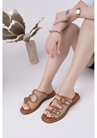 Resim Muggo Sarle Çift Bantlı Ayarlanabilir Kemerli Kadın Günlük Hasır Terlik Taba 