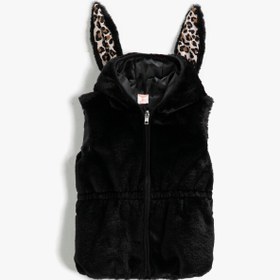 Resim Kız Bebek Peluş Yelek Kapüşonlu Leopar Kulak Aplikeli Fermuarlı 