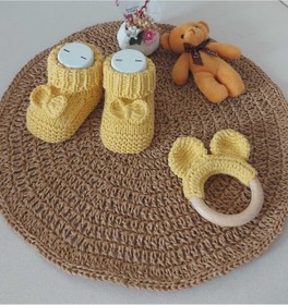 Resim BEGİN Limon Sarısı Yenidogan Hediyelik Bebek El Örgü Akrilik Yün Diş Kaşıyıcı Patik Fiyonklu 0-6 Ay 