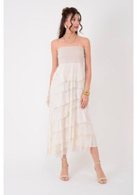 Resim Eren Style İtalyan 2 Beden Ince Gösteren Kat Kat Ipek Etek & Straplez Elbise Krem 