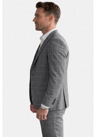 Resim Deepsea Erkek Koyu Gri Slim Fit 3 Lü Takım Elbise Yelekli Ekose Desenli Çift Düğme Takım Elbise 2600501 