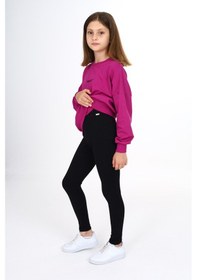 Resim Toontoy Kids Toontoy Kız Çocuk 2'li Takım Baskılı Bisiklet Yaka Düşük Omuz Cepli Sweatshirt & Basic Düz Tayt Mürdüm 