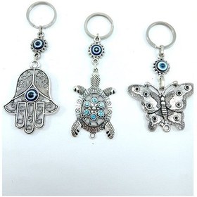 Resim Nazar Boncuğu Anahtarlık Seti Metal Kelebek Kaplumbağa Hamse Eli 