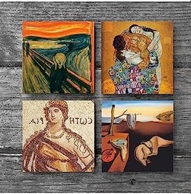 Resim Salvador Dalí Belleğin Azmi, Çığlık, Soteria Mozaiği, Gustav Klimt Aile Kucaklama Taş Bardak Altlığı Seti - 4 Parça - Dekoratif, Rustik, 10x10 cm, Kaydırmaz Tabanlı SC575 