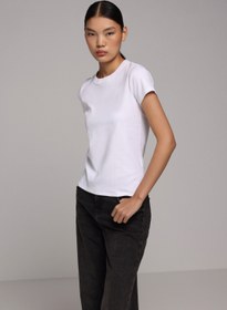 Resim Slim Fit Yuvarlak Yaka Pamuklu Düz Kadın Beyaz Kısa Kol Tişört Colin's