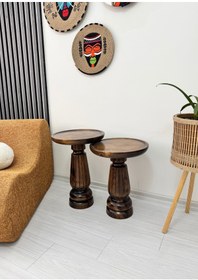 Resim ASELYA HOME Ahşap 2’li Set Mantar Yan Sehpa Modern Ceviz Renk Fiskos Zigon Çiçeklik 