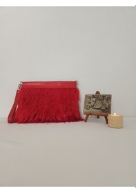 Resim Kırmızı Tüylü,suni Deri Altıgen Yaylı Burslu Kadın Clutch Çanta Kırmızı 