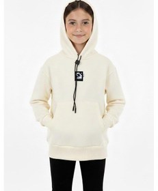 Resim Kapüşonlu Art Baskılı Kanguru Cepli Kız Çocuk Sweatshirt-90849 Krem 