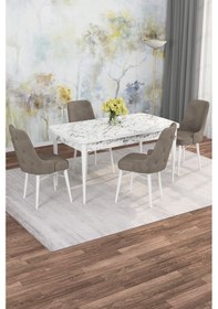 Resim Mona Beyaz Mermer 80x132 Açılabilir Mdf Masa Yemek Odası Takımı, Mutfak Takımı 4 Adet Sandalye Beyaz Mermer - 4 Cappuccino - Beyaz Ayak 