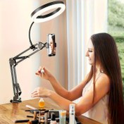 Resim Yükseltilmiş Asılı Kamera Telefon Tutucu, Kayıt için Halka Işık Telefon Tutucu, Yemek Yapma/Fotografi/Makyaj/Ekran Manikür/Yayın Akışı/Zoom Toplantıları için Esnek Asılı Masaüstü Standı 