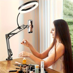 Resim Yükseltilmiş Asılı Kamera Telefon Tutucu, Kayıt için Halka Işık Telefon Tutucu, Yemek Yapma/Fotografi/Makyaj/Ekran Manikür/Yayın Akışı/Zoom Toplantıları için Esnek Asılı Masaüstü Standı 