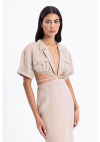 Resim Fashion Cocktail Ham Keten Arka Yırtmaçlı Kalem Etek Derin V Yaka Kısa Kol Krop Bohem Yazlık Takım Krem 