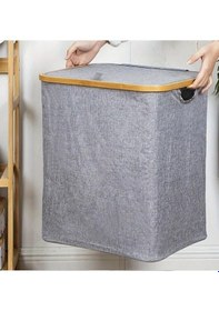 Resim 60 Lt Katlanır Kumaş Bambu Çamaşır Sepeti İçi Fileli Kirli Çamaşır Sepeti Gri 