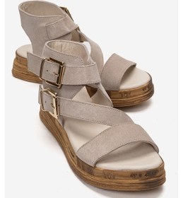 Resim Luvishoes Lorentıs Bej Süet Hakiki Deri Çift Tokalı Kadın Sandalet 