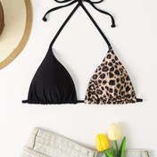 Resim Kadınların Üçgen Bikini Üstü, İki Renkli Mayo, Ayarlanabilir Bağcıklı, Leopar Desenli ve Düz Siyah Renk, Havuz Kenarı Modası, Yaz Plaj Giyim 