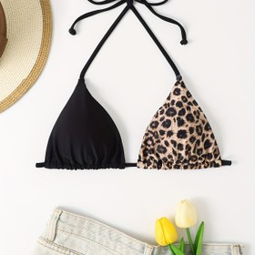Resim Kadınların Üçgen Bikini Üstü, İki Renkli Mayo, Ayarlanabilir Bağcıklı, Leopar Desenli ve Düz Siyah Renk, Havuz Kenarı Modası, Yaz Plaj Giyim 