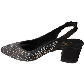 Resim Yazkış Kadın Siyah Gümüş Saten Işın Taşlı 5cm Kalın Topuk Önü Kapalı Arkası Açık Abiye Ayakkabı Siyah 