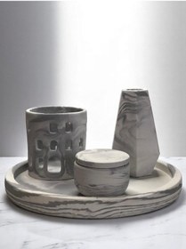 Resim Mermer Desenli El Yapımı Beton Dekor Set Taş Tozu Mumluk Takı Kutusu Şamdan Yuvarlak Tepsi Antrasit 