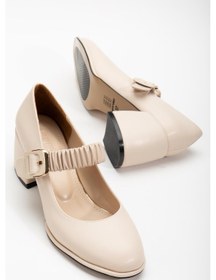 Resim Büyük Numara Elastik Bantlı İnce Platform Tabanlı Cilt Bej Kadın Kalın Topuklu Günlük Ayakkabı-3119-bej Bej 