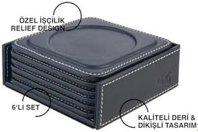Resim Bardak Altlığı,6’lı Set,Masaüstü Yuvarlak Cup Coaster,Vegan Suni Deri,11x11 cm.,Lacivert 