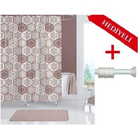 Resim Kahverengi Geometrik Desenli Boru Hediyeli Banyo Perdesi Kahverengi 