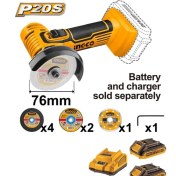 Resim Ingco CAGLI76011 Li-Ion Akülü Mini Taşlama 76 mm 20V Akü ve Şarj Cihazı Seti 20V 2.0AH 2 Adet 