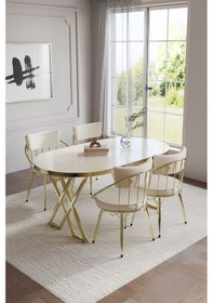 Resim Selenit Mutfak Yemek Masası Takımı- 4 Kişilik Mutfak Masa Sandalye Takımı- Mutfak Masası Takımı Gold Düz Krem 