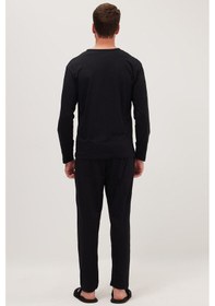 Resim Tudors Erkek Standart Fit Normal Kesim %100 Pamuk Bisiklet Yaka Beli Lastikli Siyah Pijama Takımı-37947 Siyah 