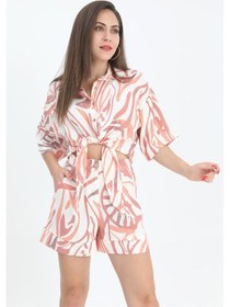 Resim Şort Yüksek Bel Baskılı Keten - Turuncu-turuncu Turuncu 