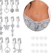 Resim 4 Adet Boho Elegant Paslanmaz Çelik Sahte Göbek Deliği Yüzükleri, Oluklu, Rhinestones ile, Silikon Pedler, Kadınlar, Günlük ve Hediye Olayları, Sevgililer Günü Takıları 