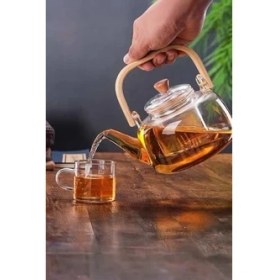 Resim Ahşap Saplı Cam Filtreli Demlik 1000 ml - Dayanıklı Cam Bitki Çayı Demlik 