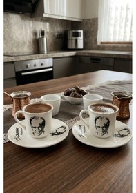 Resim 2'li Atatürk Silüet Ve İmzalı Kahve Fincanı Seti - Baskılı Fincan Takımı Beyaz 