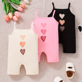 Resim Kızlar için 3 Parça Set, Kalp Baskılı Askılı Pantolon, Sevimli Tarz, Moda Örgü Polyester Kumaş, Hafif Esnek, Düzenli Kesim, Makinede Yıkanabilir, Yaz Çıkışları ve Boş Zaman İçin Uygun 