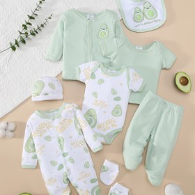 Resim Erkek ve kızlar için rahat ve yumuşak bir çizgi film avocado baskılı bahar ve yaz için 8 parçalık set, uzun tulum, şapka, bibi, çorap, pantolon, ceket, üst ve üçgen vücut takımı, dış mekan için içerir. 