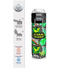 Resim Coral High Kids Gri Yeşil Dinozor Desenli Pipetli Ve Direkt İçim Çelik Termos 500 Ml 31976 Gri - Yeşil 