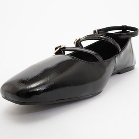 Resim Luvi Shoes Glımmer Siyah Rugan Hakiki Deri Bilekten Bağlamalı Küt Burun Kadın Babet Ayakkabı Siyah Rugan 