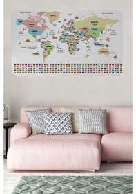 Resim Ülke Bayraklı Başkent Detaylı Eğitici Dünya Haritası Stiker 