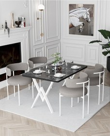 Resim Avvio Trend Beyaz Teddy Sandalye 80x120 Yemek Masası Mutfak Masası 4 Kişilik Masa Sandalye Takımı Siyah Mermer 